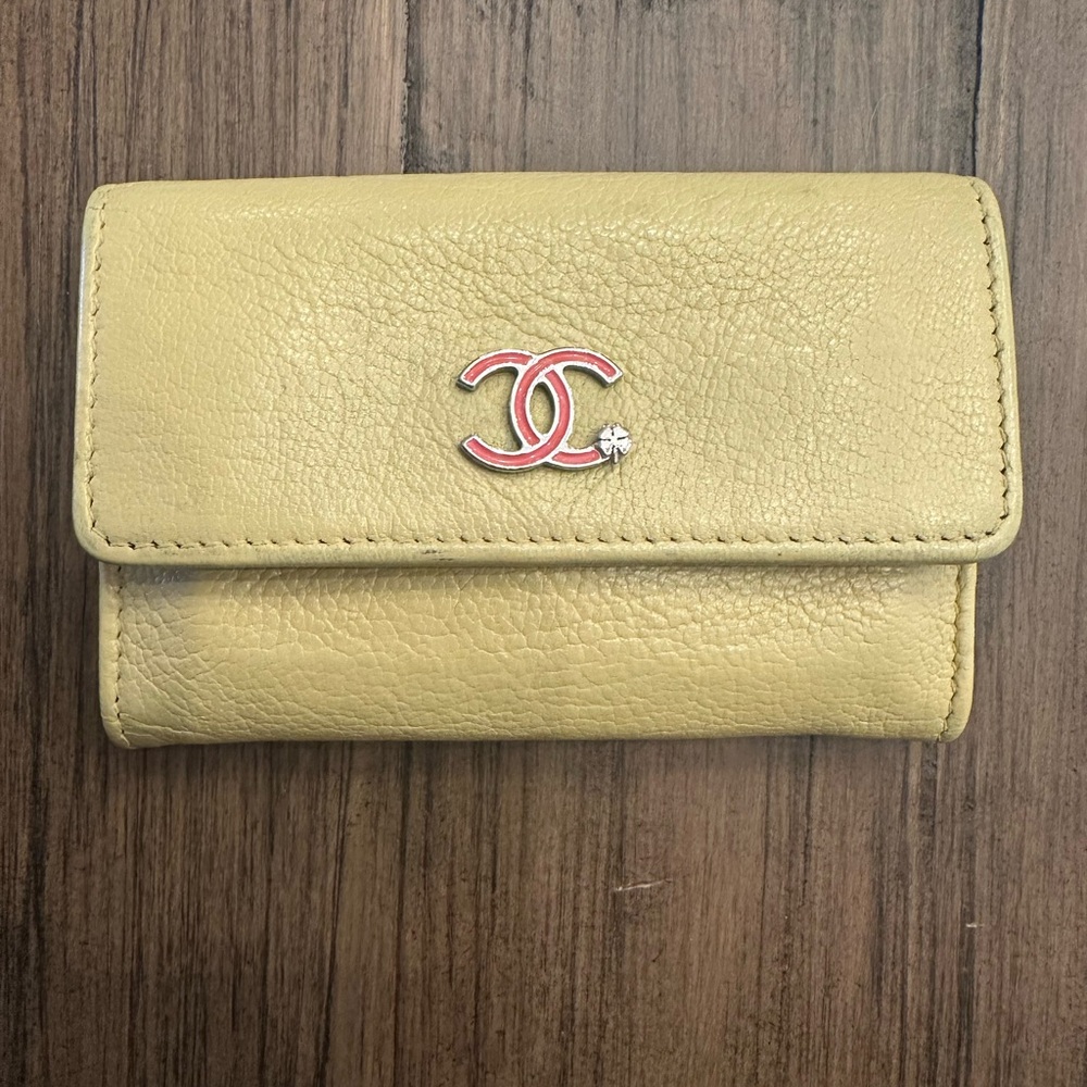 Chanel Calfskin Yellow Leather Compact Wallet with CC Logo